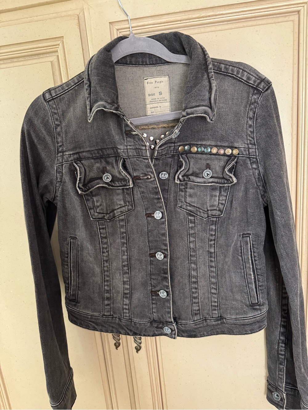 Free People Black Washed Denim Jacket with Stud and Bead Trim